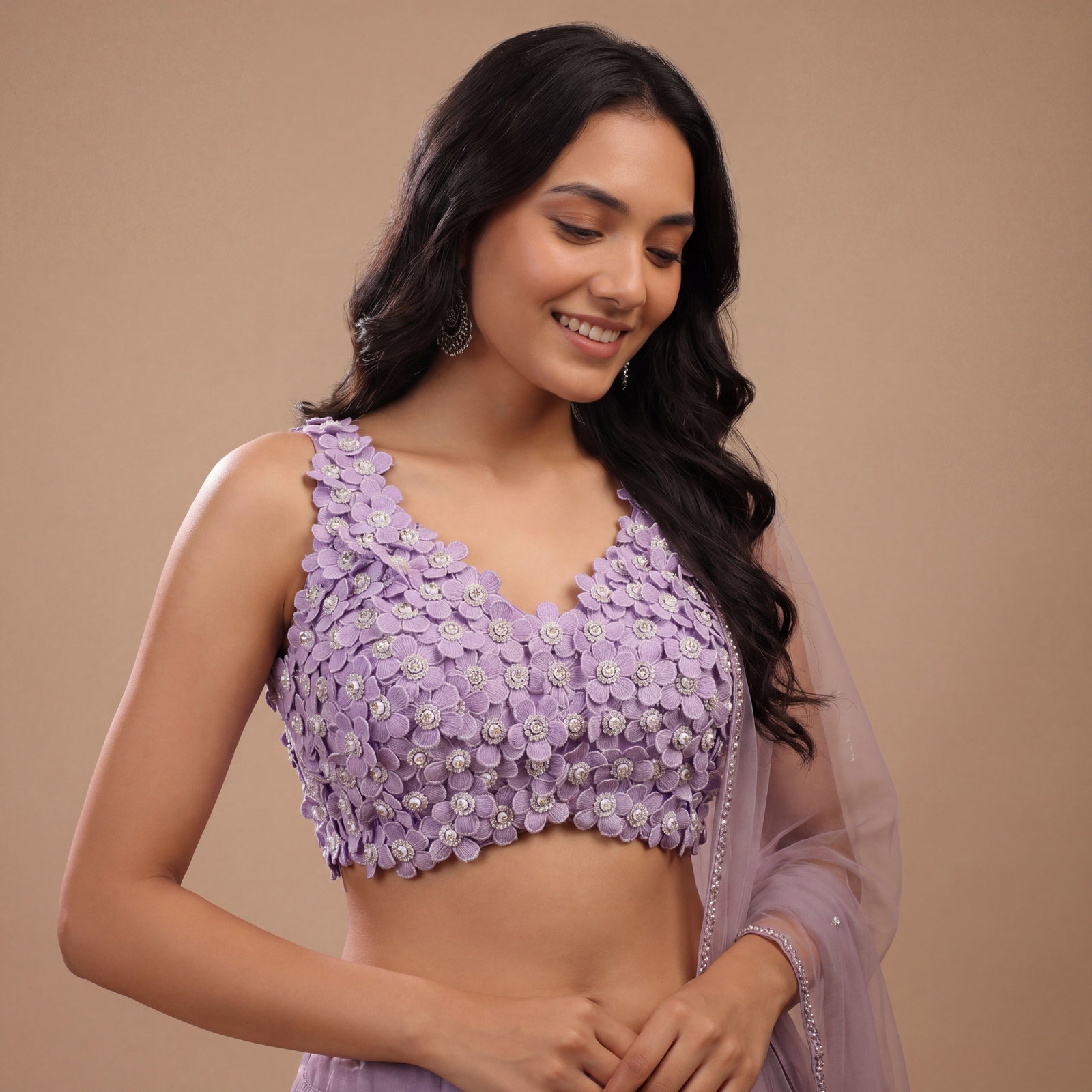 Lavender Floral Embroidered Designer Silk Blouse with 3D Applique Work