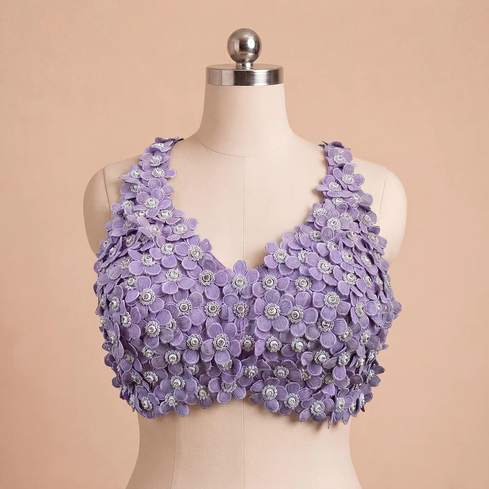 Lavender Floral Embroidered Designer Silk Blouse with 3D Applique Work — view 2