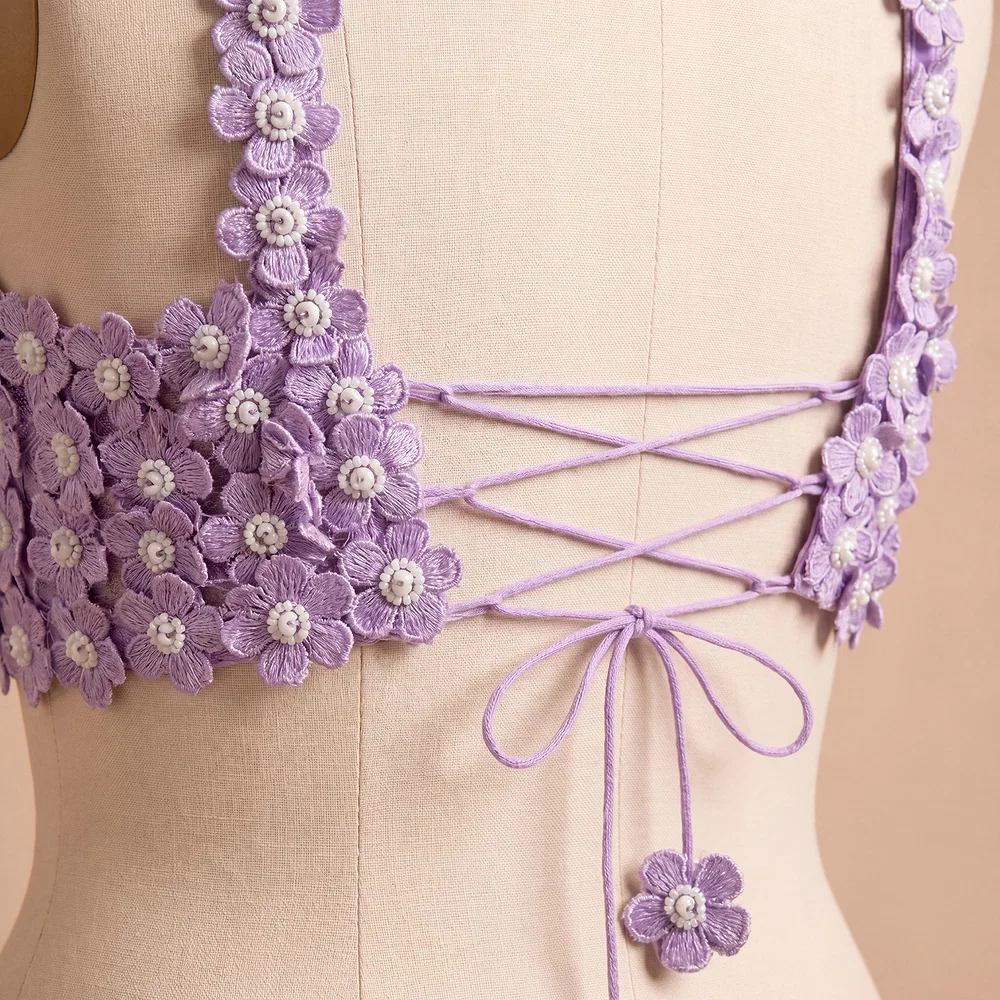 Lavender Floral Embroidered Designer Silk Blouse with 3D Applique Work — view 3