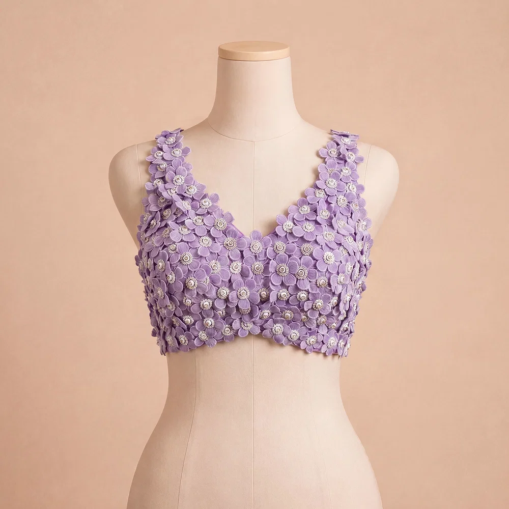 Lavender Floral Embroidered Designer Silk Blouse with 3D Applique Work — view 4