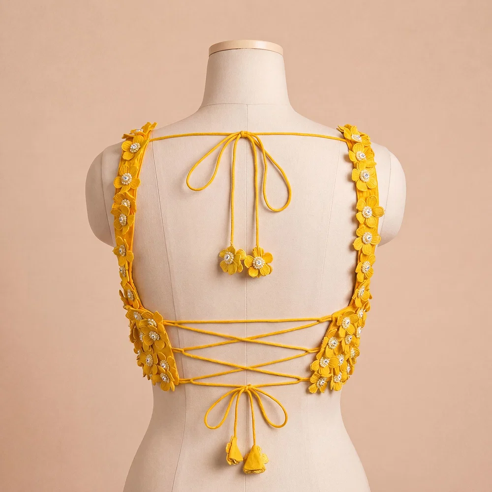 Yellow Floral Embroidered Designer Silk Blouse with 3D Applique Work — view 3