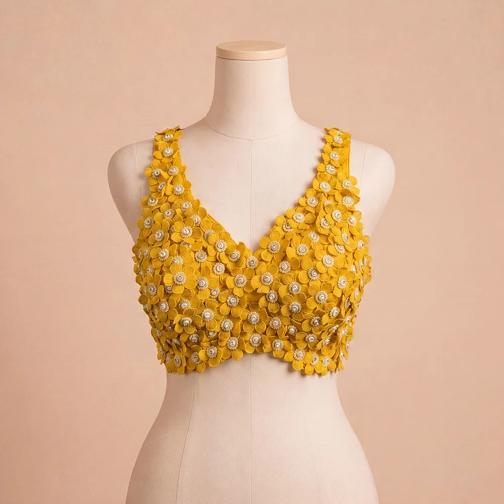 Yellow Floral Embroidered Designer Silk Blouse with 3D Applique Work — view 2