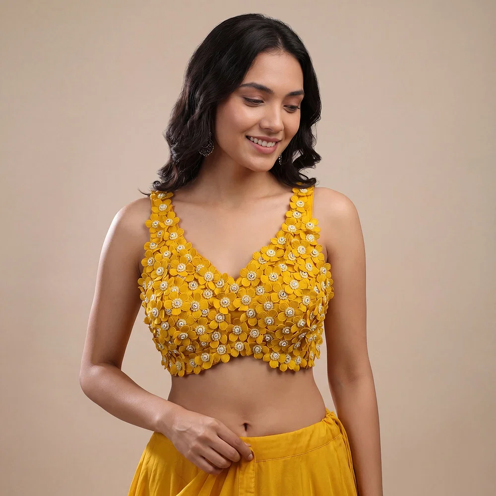 Yellow Floral Embroidered Designer Silk Blouse with 3D Applique Work — view 1