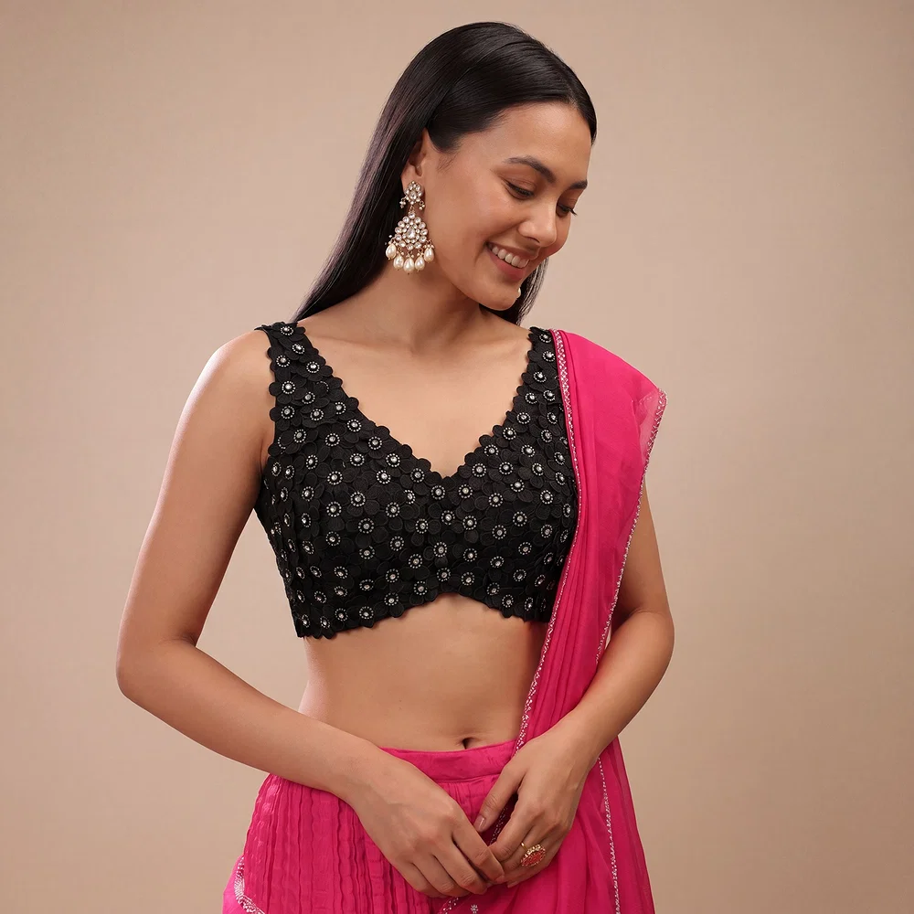 Black Floral Embroidered Designer Silk Blouse with 3D Applique Work — view 1