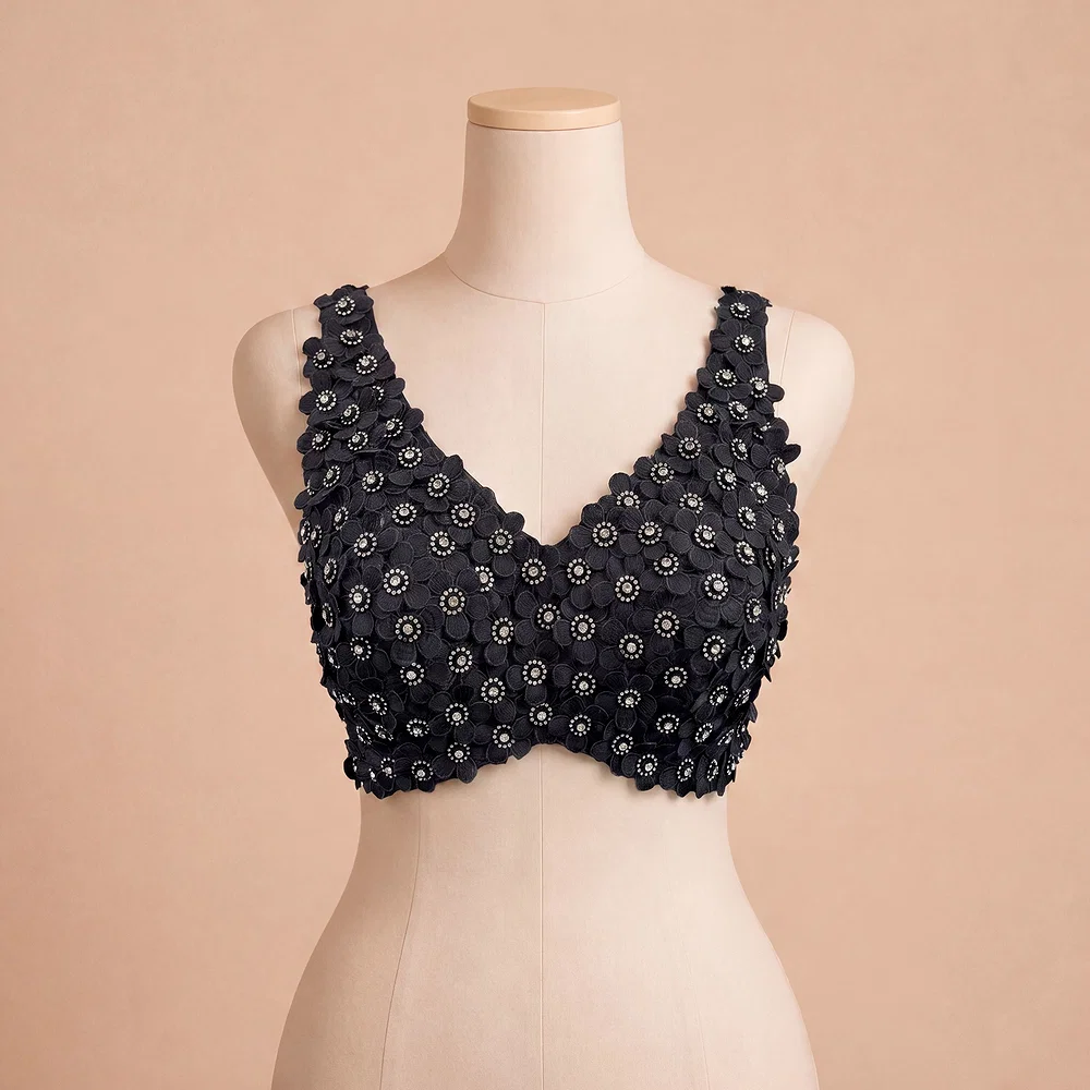 Black Floral Embroidered Designer Silk Blouse with 3D Applique Work — view 2