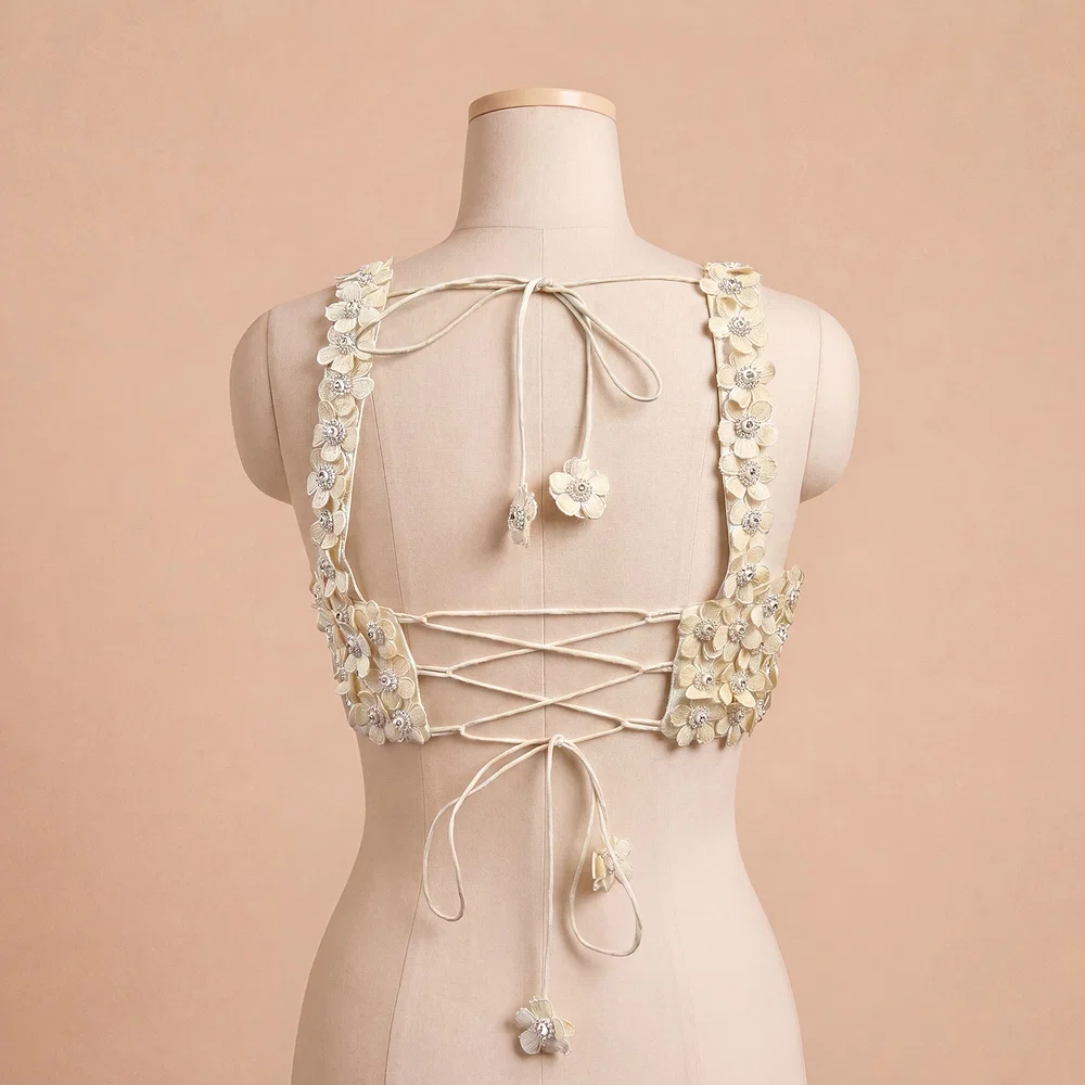 White Floral Embroidered Designer Silk Blouse with 3D Applique Work — view 4