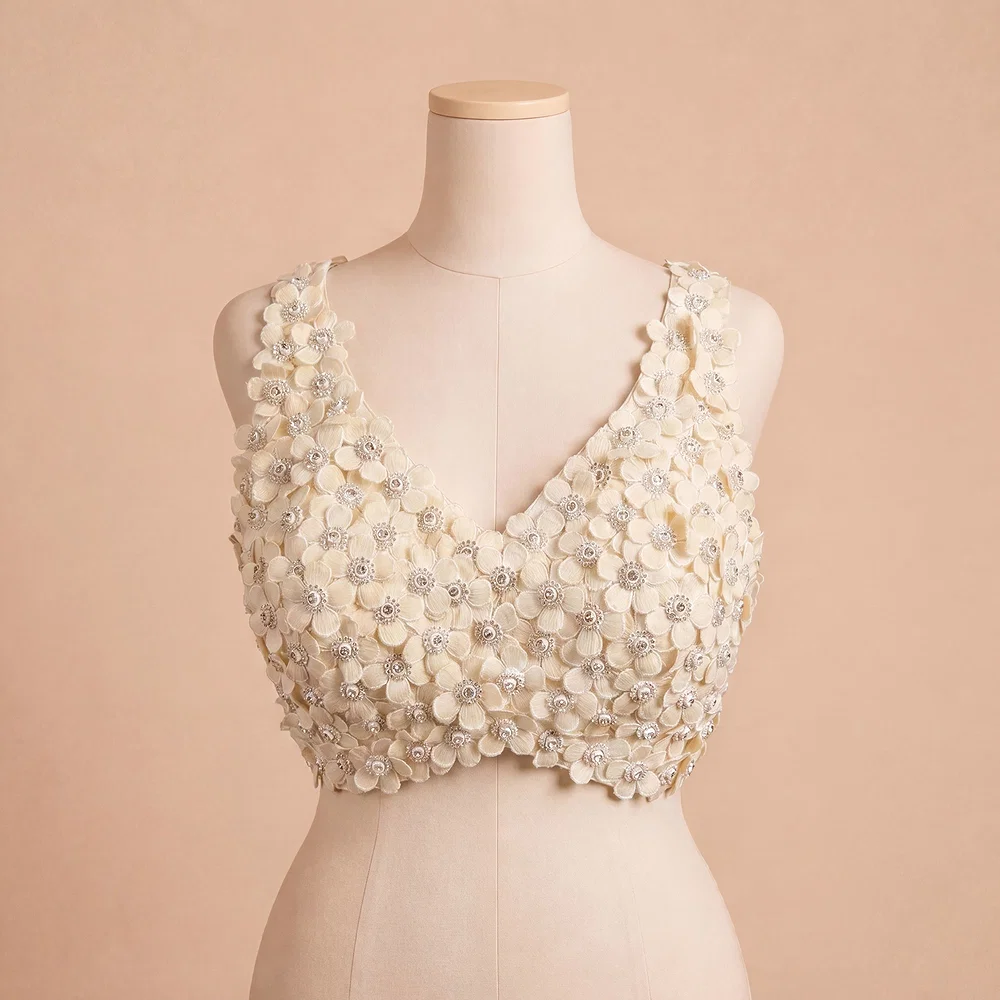 White Floral Embroidered Designer Silk Blouse with 3D Applique Work — view 2