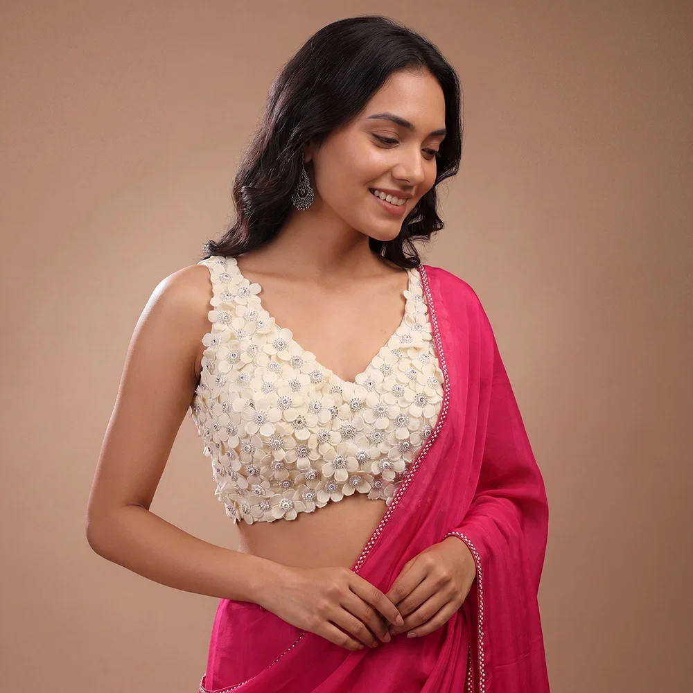 White Floral Embroidered Designer Silk Blouse with 3D Applique Work — view 1