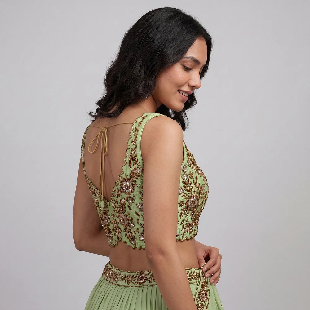 Zardosi Handwork Pista green Raw Silk Partywear Blouse — view 1