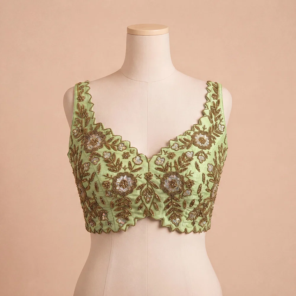 Zardosi Handwork Pista green Raw Silk Partywear Blouse — view 2