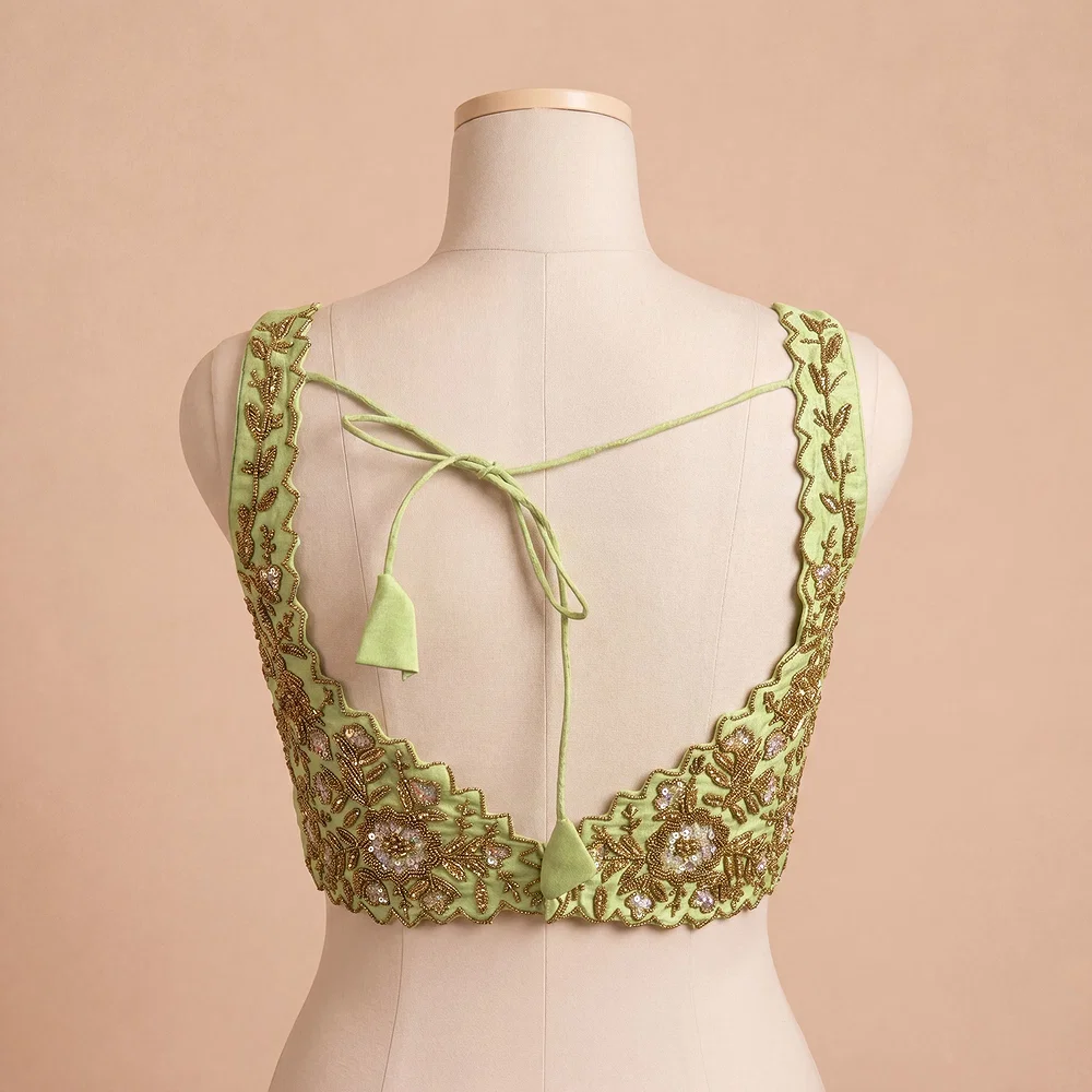 Zardosi Handwork Pista green Raw Silk Partywear Blouse — view 4