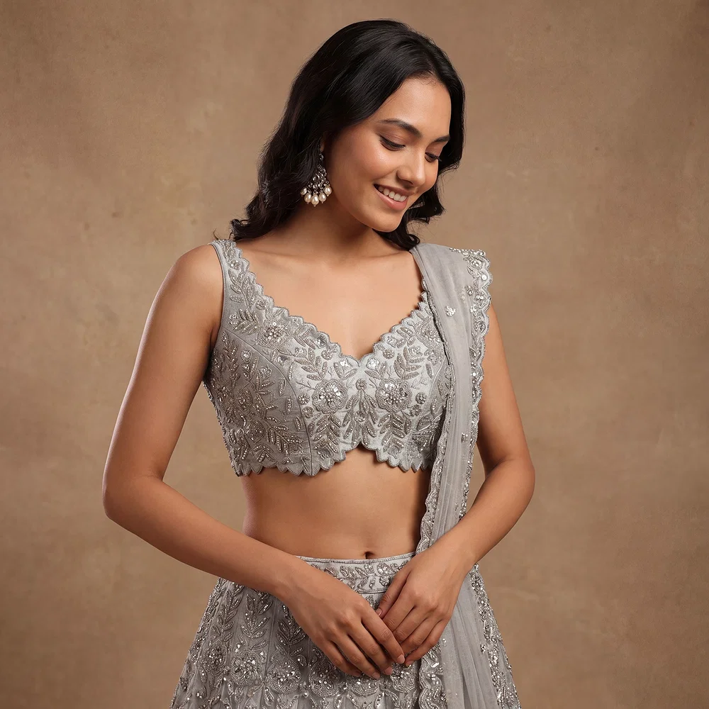 Zardosi Handwork Grey Raw Silk Partywear Blouse — view 1