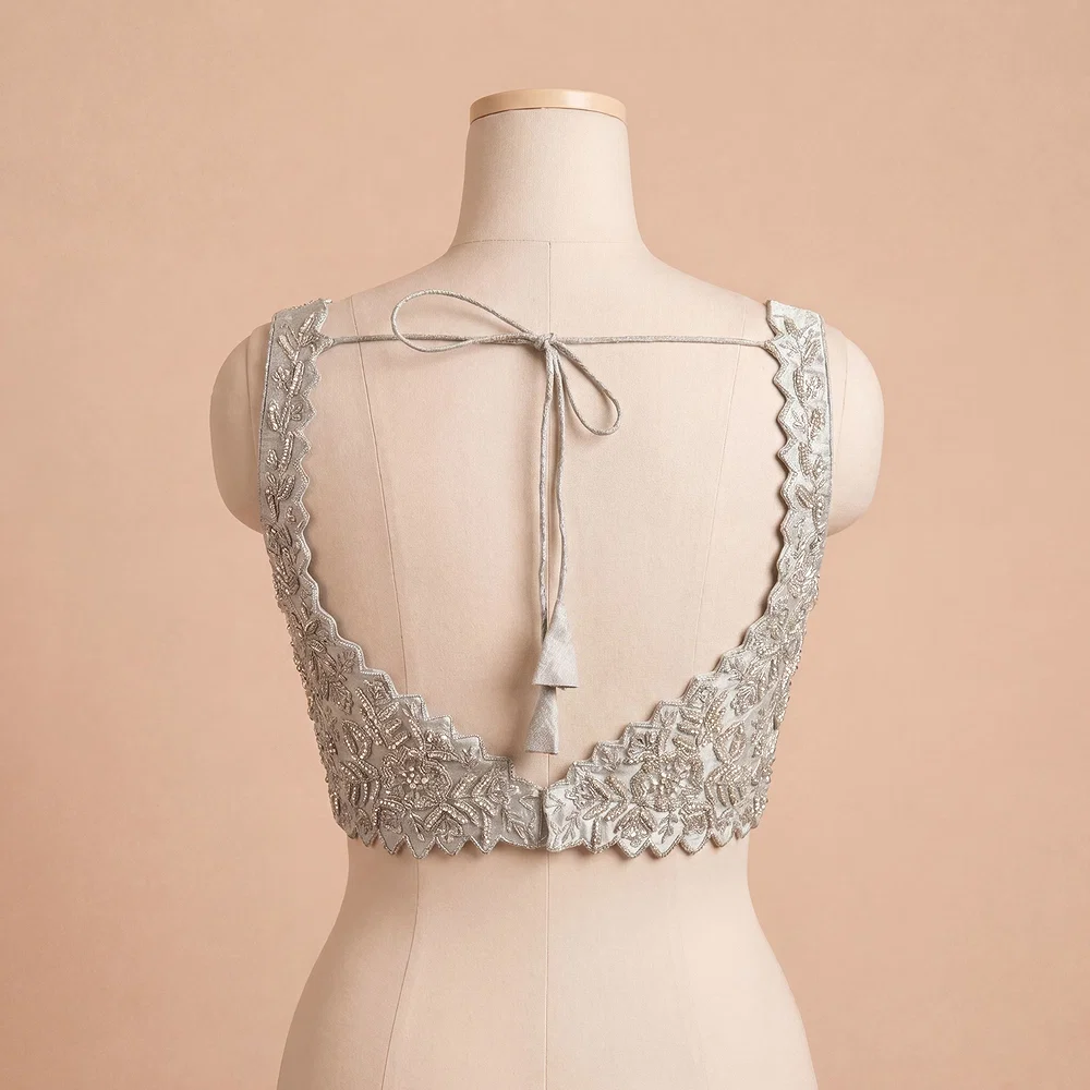 Zardosi Handwork Grey Raw Silk Partywear Blouse — view 4