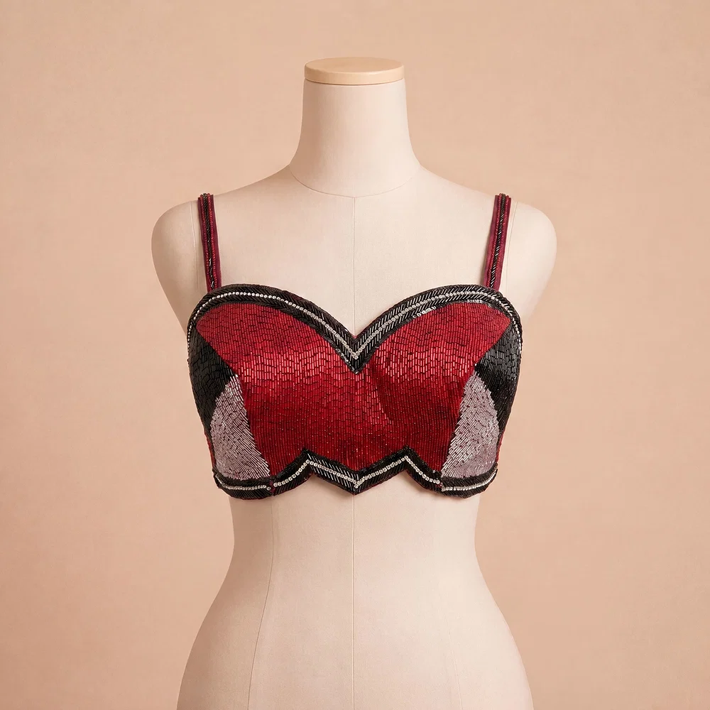 Red & Black Sequin Handwork with Sweetheart Neck — view 2