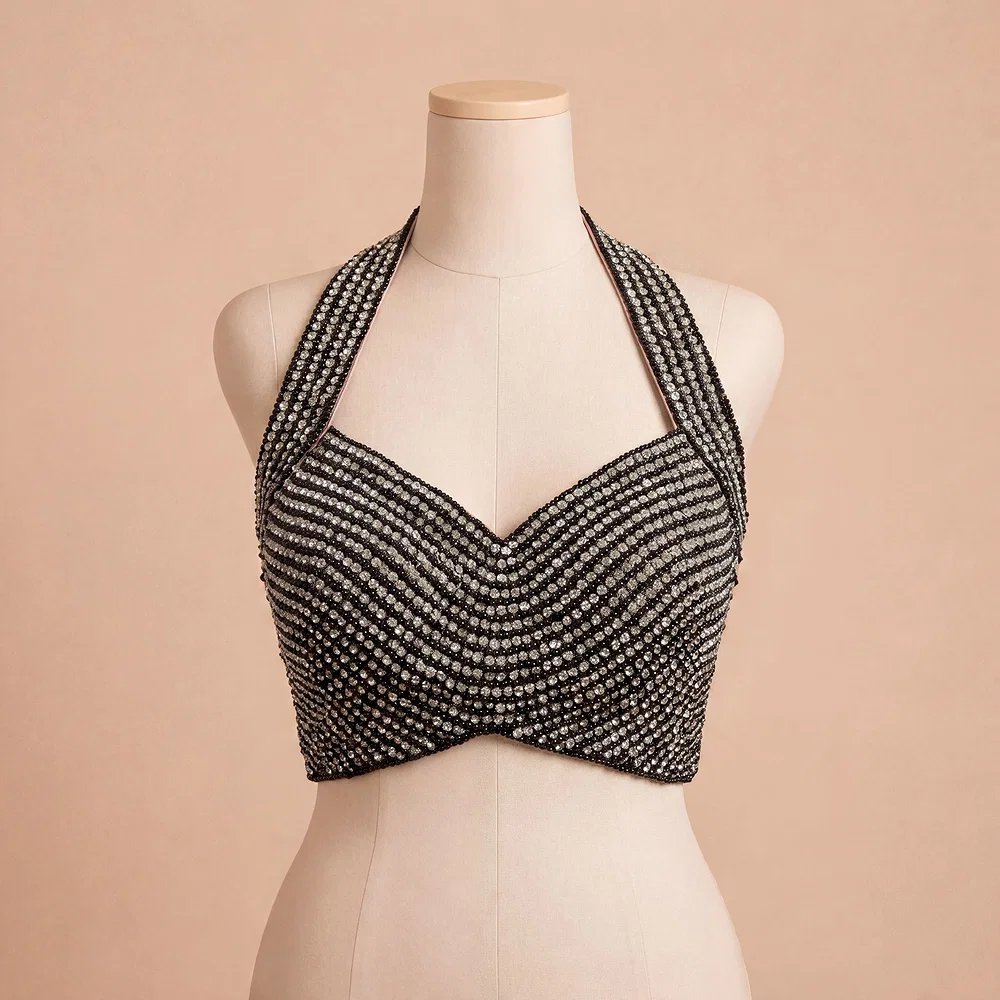 Black Halter Neck Beaded Designer Blouse with Sweetheart Neckline — view 2