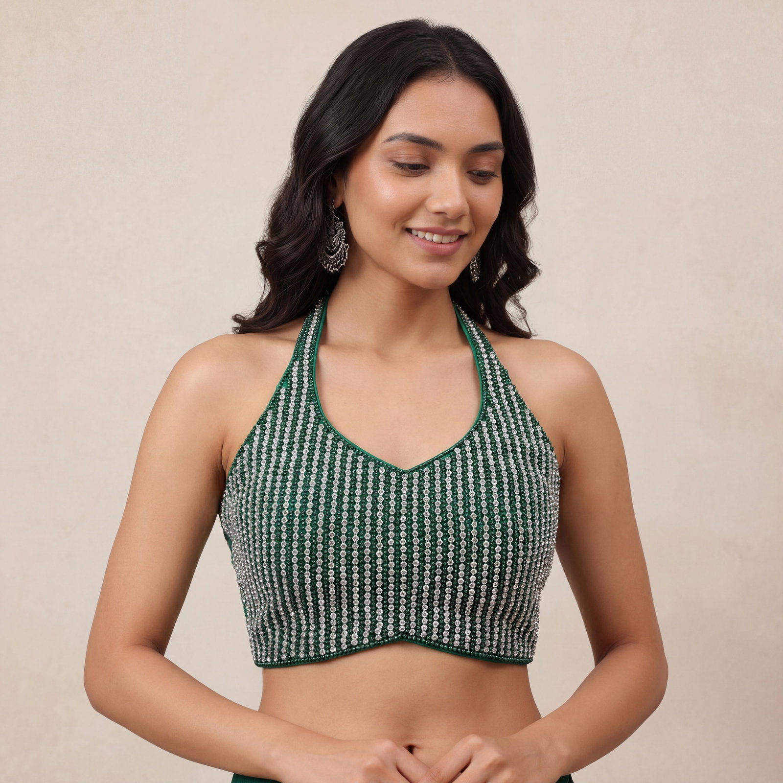 Green Halter Neck Beaded Designer Blouse with Sweetheart Neckline