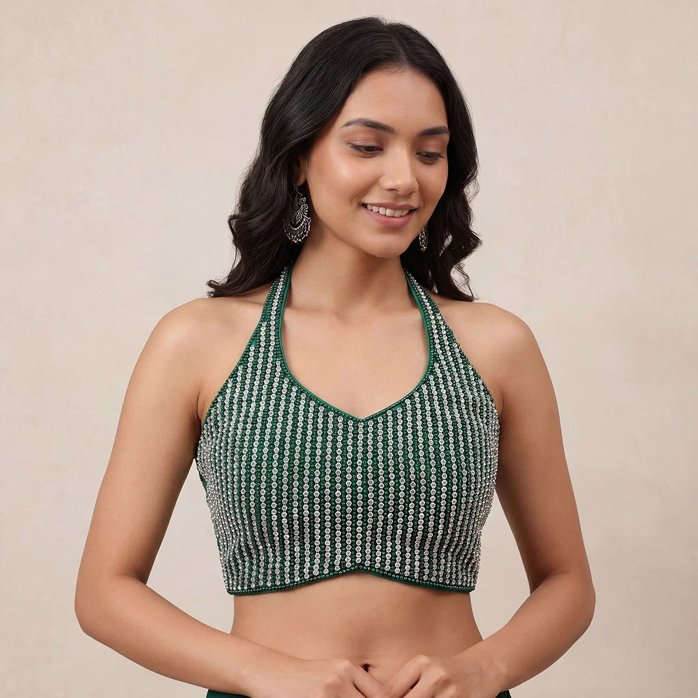 Green Halter Neck Beaded Designer Blouse with Sweetheart Neckline — view 1