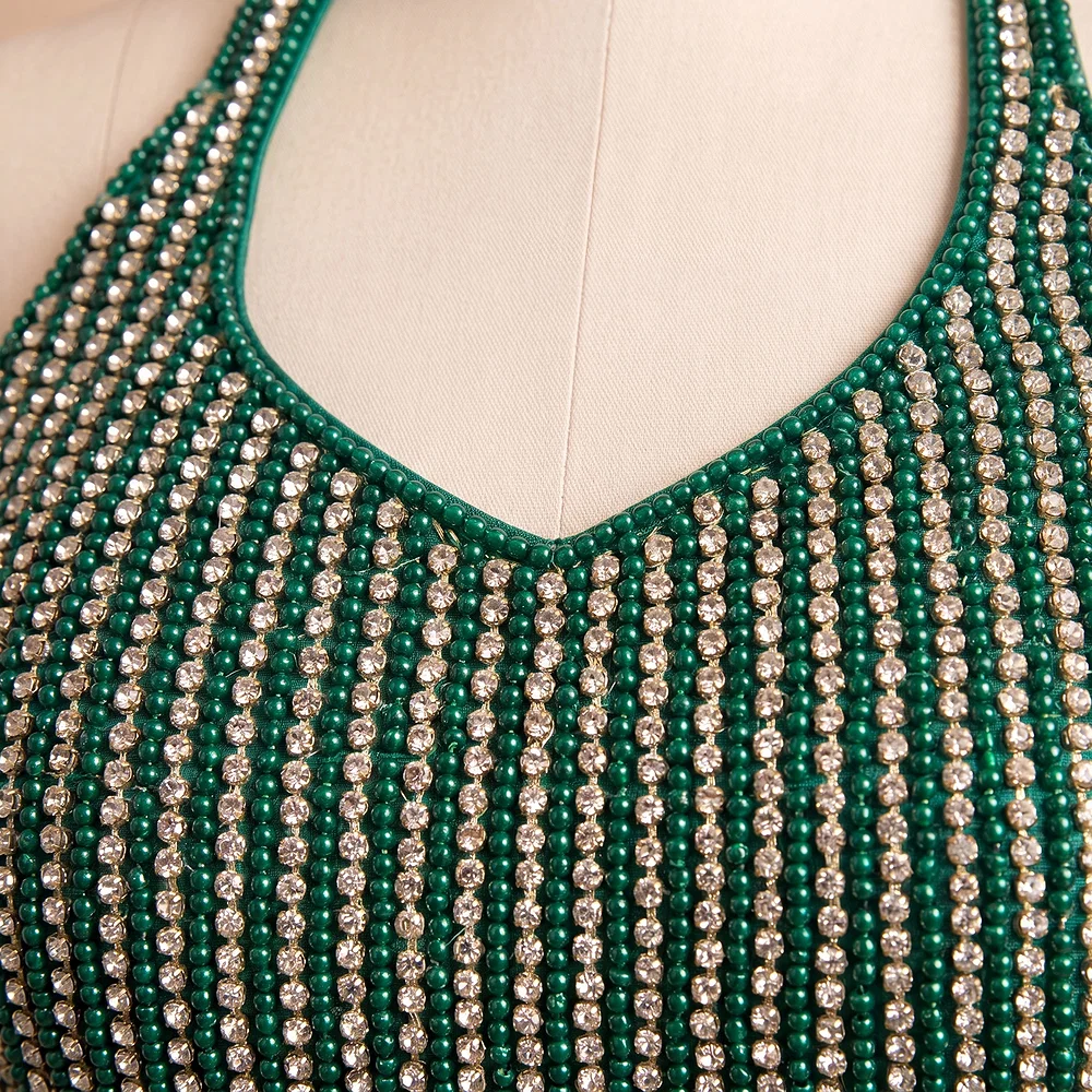 Green Halter Neck Beaded Designer Blouse with Sweetheart Neckline — view 3