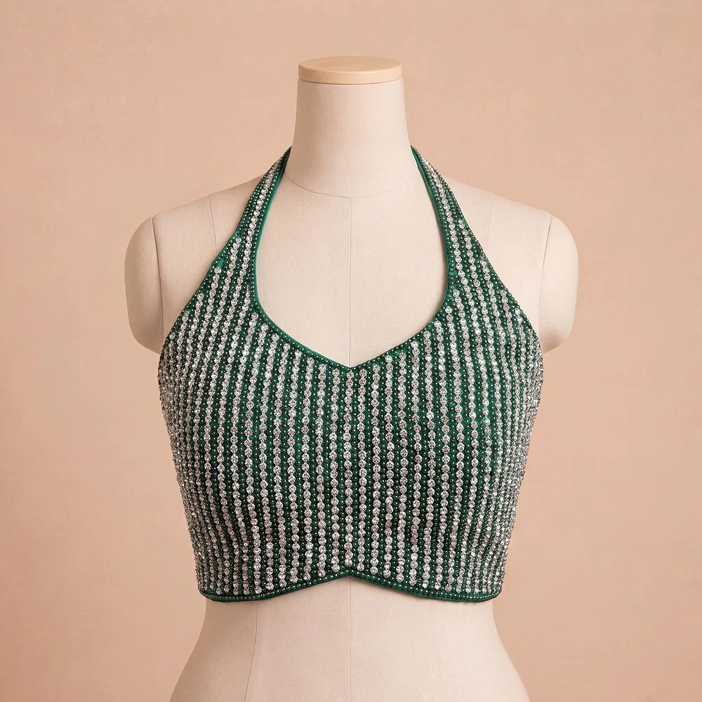 Green Halter Neck Beaded Designer Blouse with Sweetheart Neckline — view 2