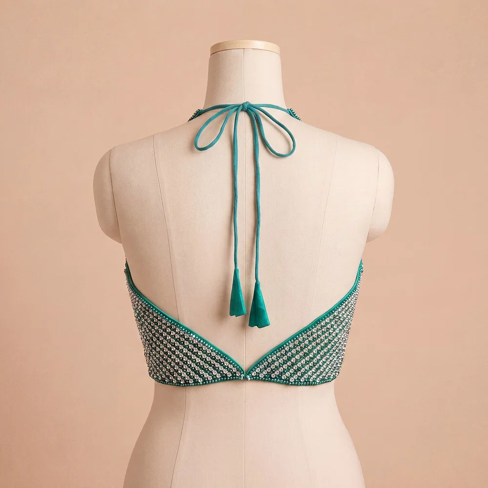 Green Halter Neck Beaded Designer Blouse with Sweetheart Neckline — view 4