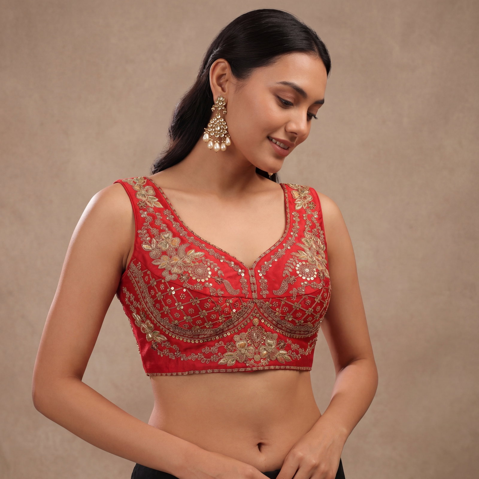 Red Color Sabyasachi Neck Bridal Blouse with Heavy Stars & Beads Work