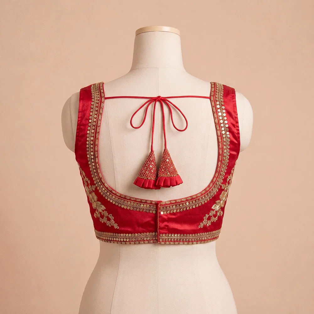 Red Color Sabyasachi Neck Bridal Blouse with Heavy Stars & Beads Work — view 4