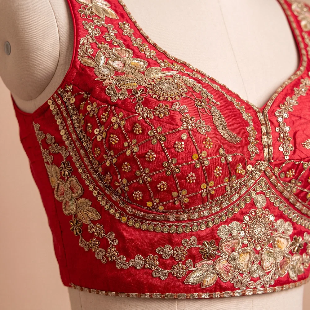 Red Color Sabyasachi Neck Bridal Blouse with Heavy Stars & Beads Work — view 3