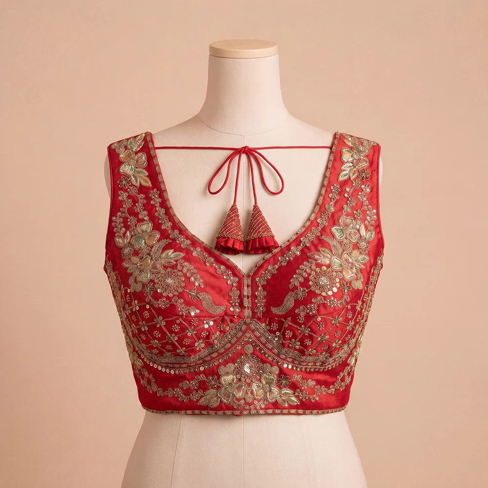 Red Color Sabyasachi Neck Bridal Blouse with Heavy Stars & Beads Work — view 2