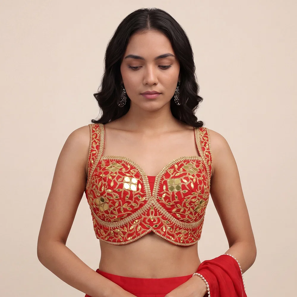 Red Bridal Mirror Work Designer Blouse with Heavy Zari Embroidery — view 1