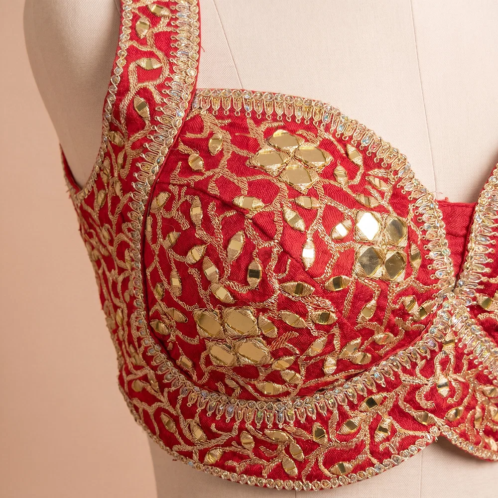 Red Bridal Mirror Work Designer Blouse with Heavy Zari Embroidery — view 4