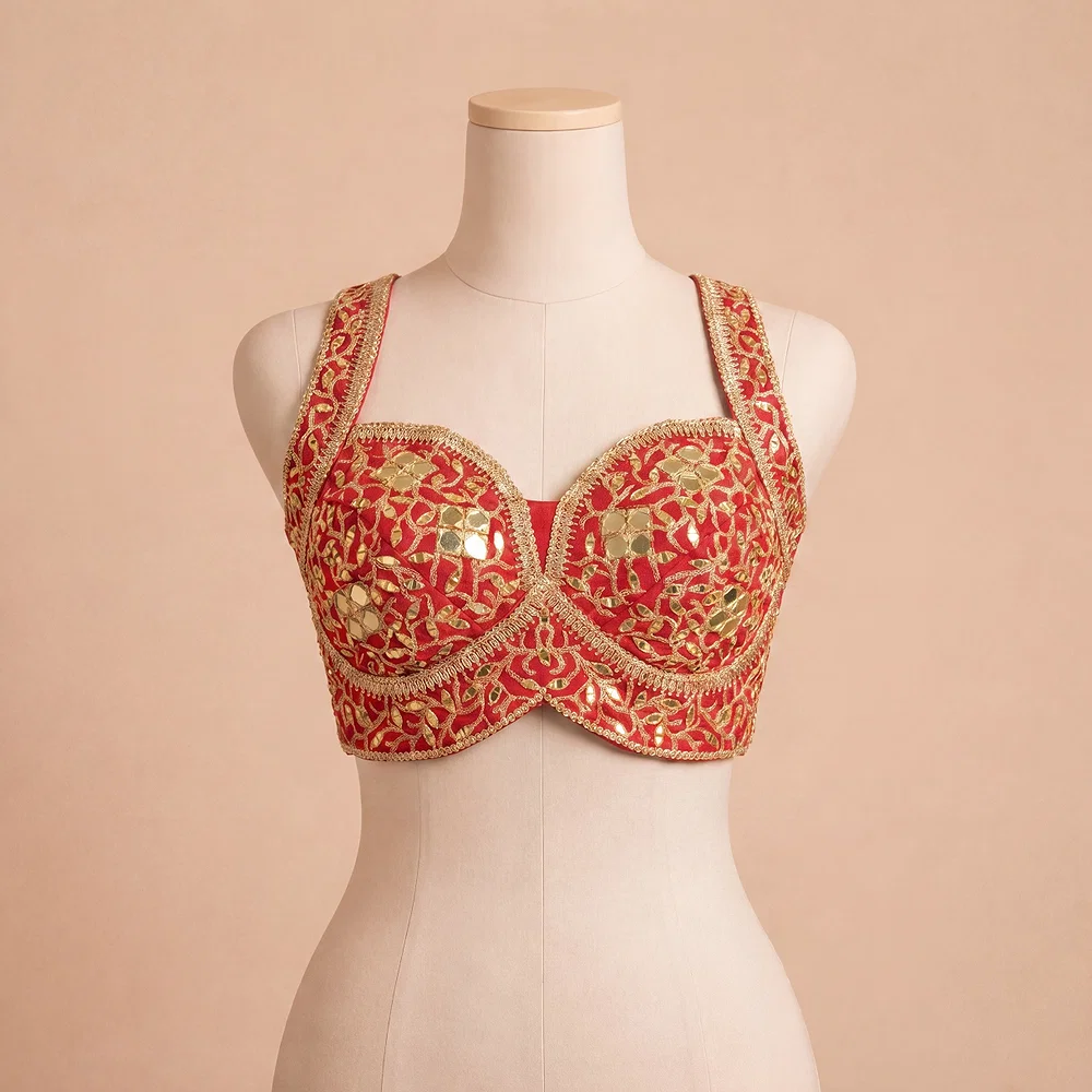 Red Bridal Mirror Work Designer Blouse with Heavy Zari Embroidery — view 2