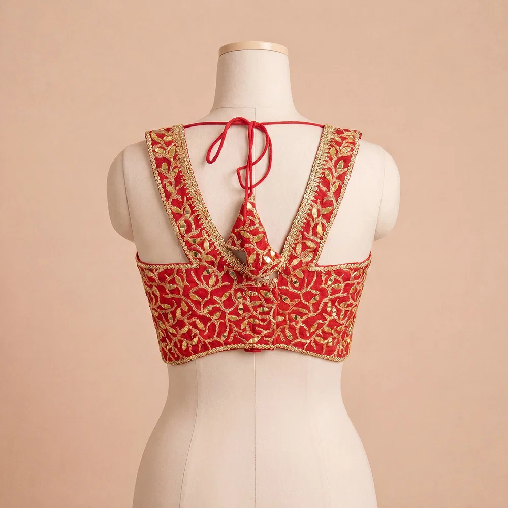 Red Bridal Mirror Work Designer Blouse with Heavy Zari Embroidery — view 3