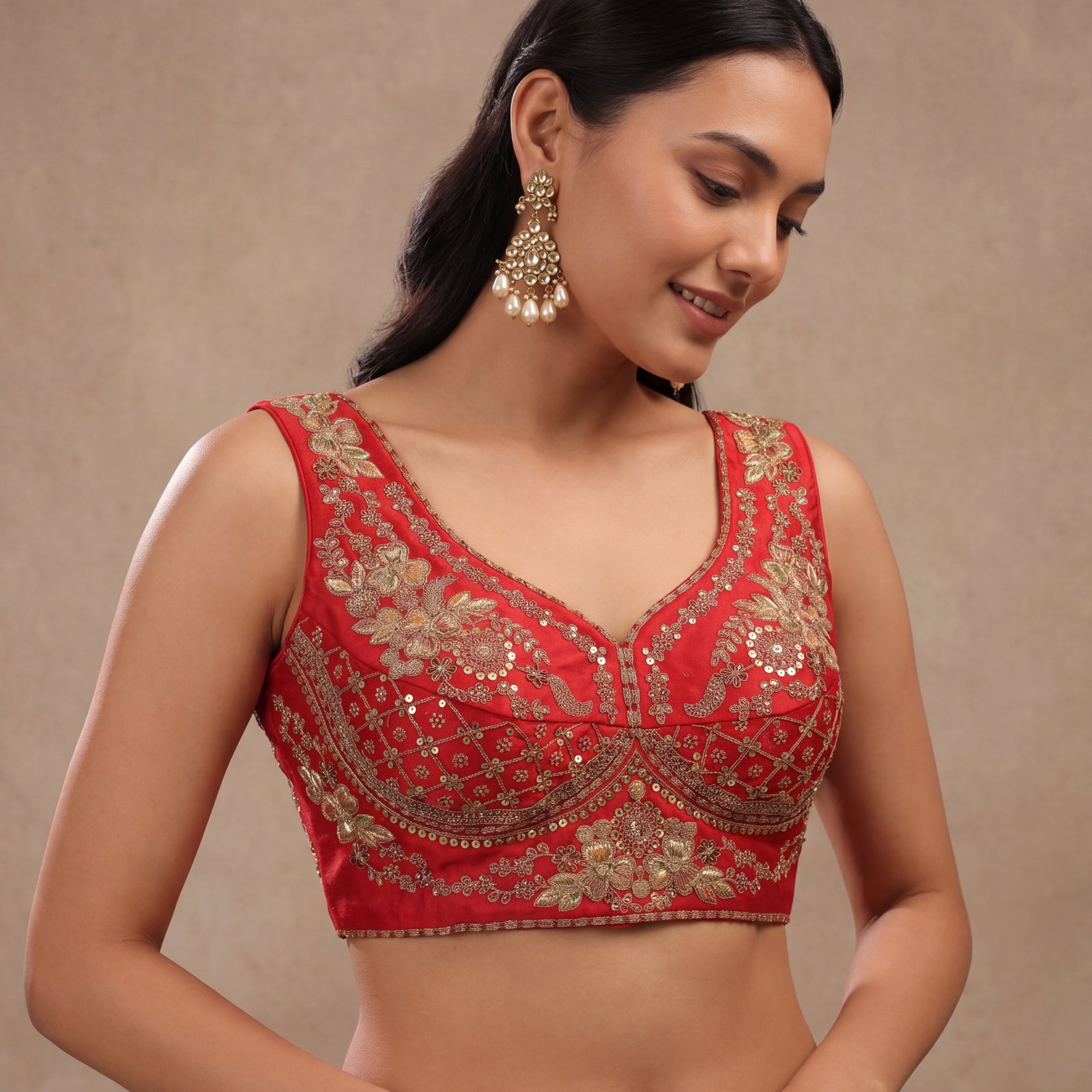 Red Color Sabyasachi Neck Bridal Blouse with Heavy Stars & Beads Work