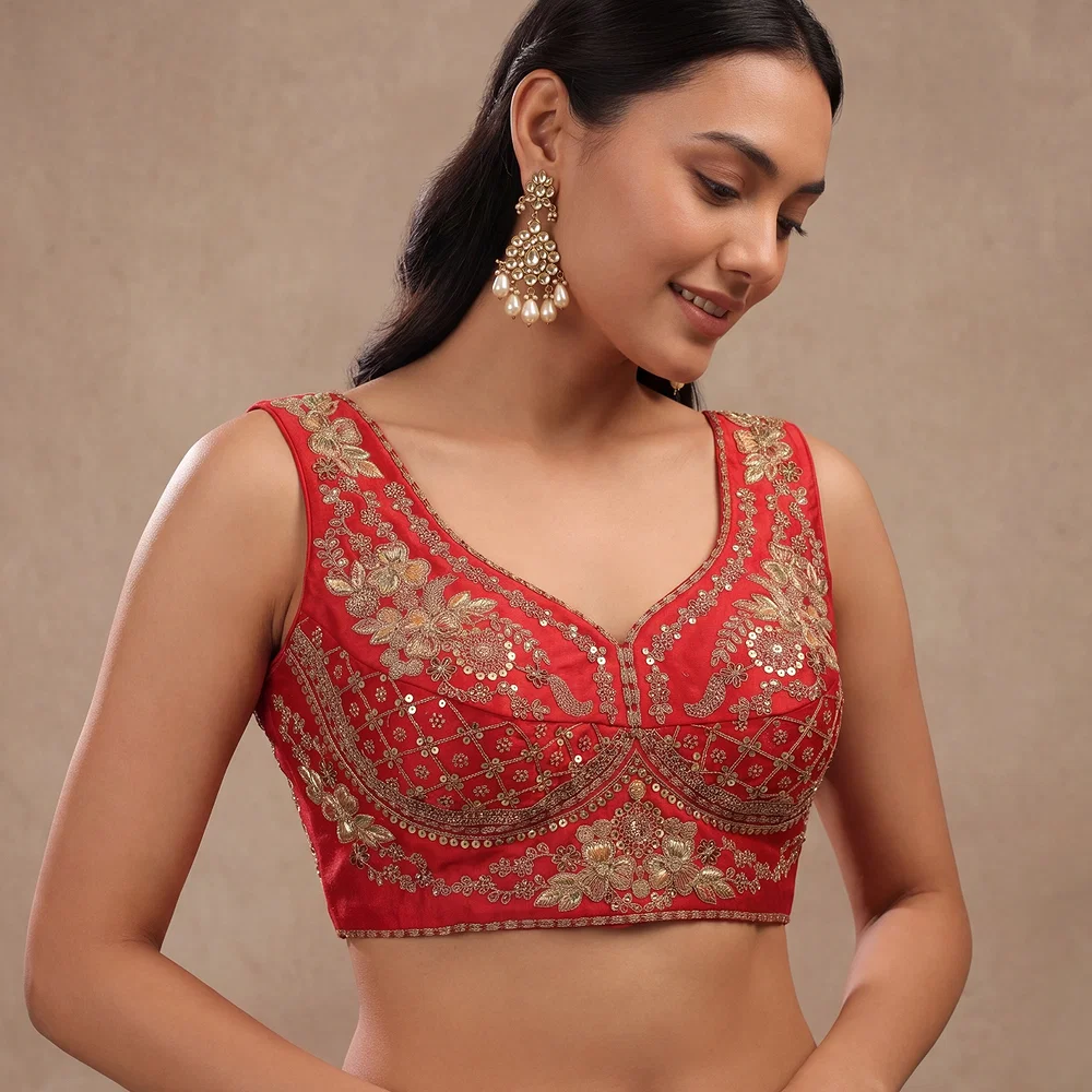 Red Color Sabyasachi Neck Bridal Blouse with Heavy Stars & Beads Work — view 1
