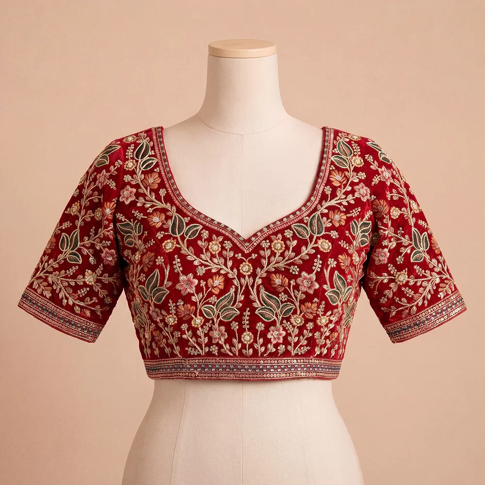 Red Color Bridal Velvet Blouse with Diamond Handwork — view 4
