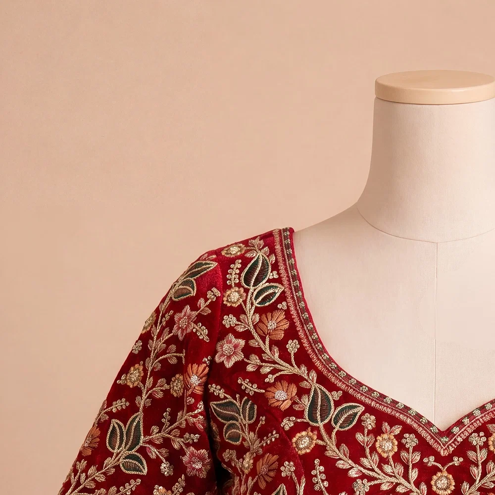 Red Color Bridal Velvet Blouse with Diamond Handwork — view 3