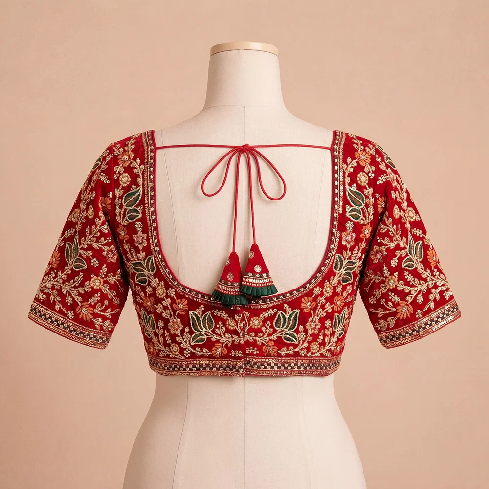 Red Color Bridal Velvet Blouse with Diamond Handwork — view 2