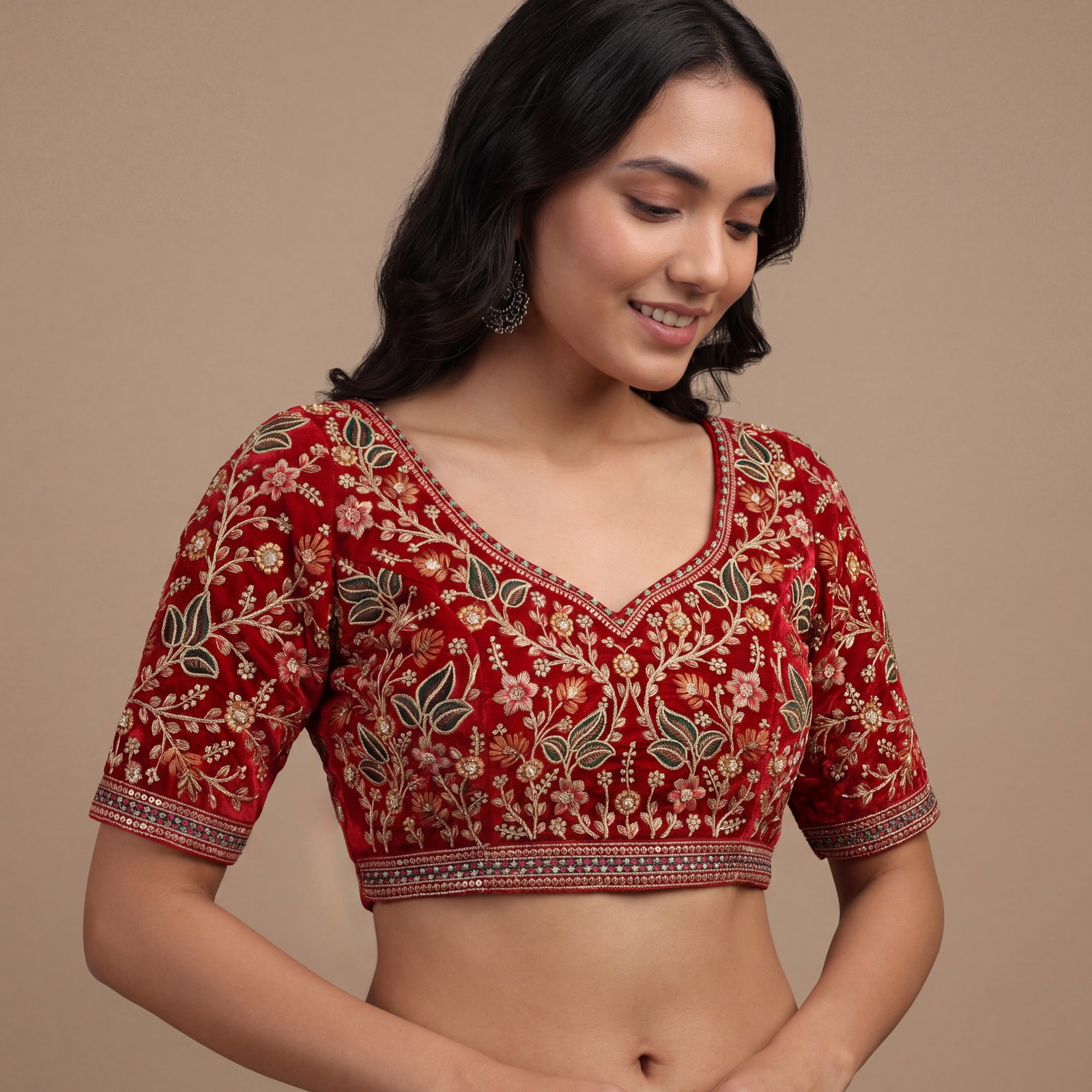 Red Color Bridal Velvet Blouse with Diamond Handwork