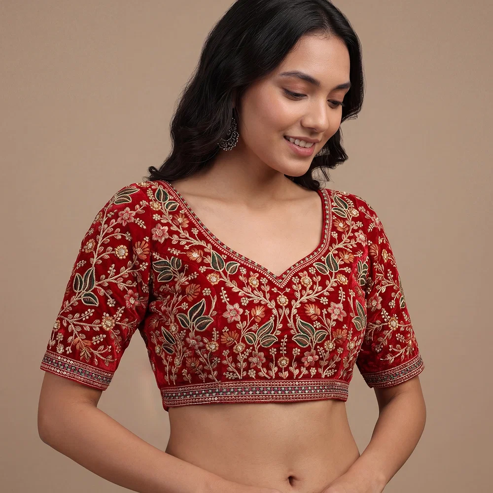 Red Color Bridal Velvet Blouse with Diamond Handwork — view 1