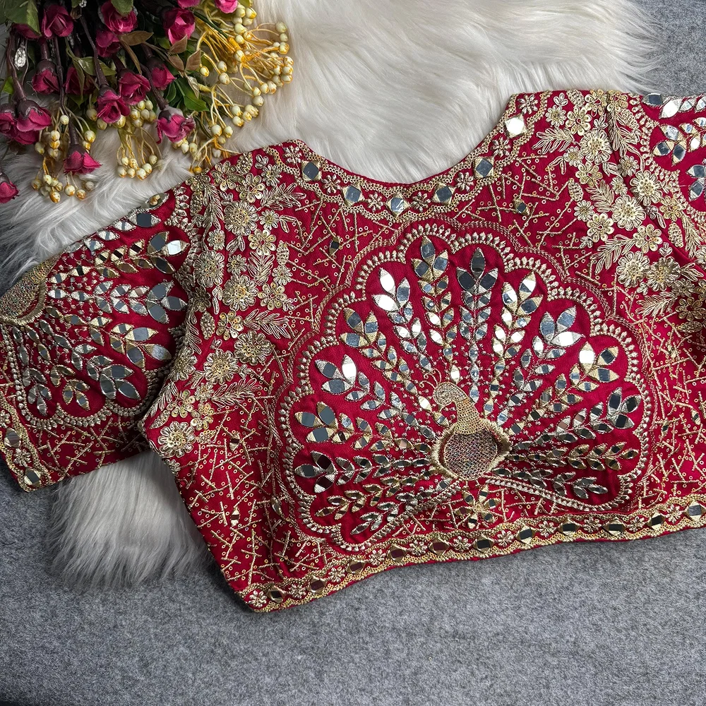 Red Heavy Zari Silk Embroidered Peacock Mirror Work Blouse — view 2