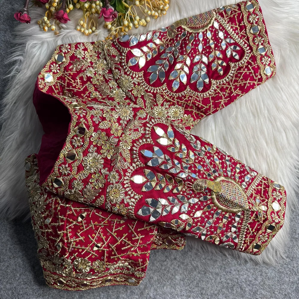 Red Heavy Zari Silk Embroidered Peacock Mirror Work Blouse — view 3