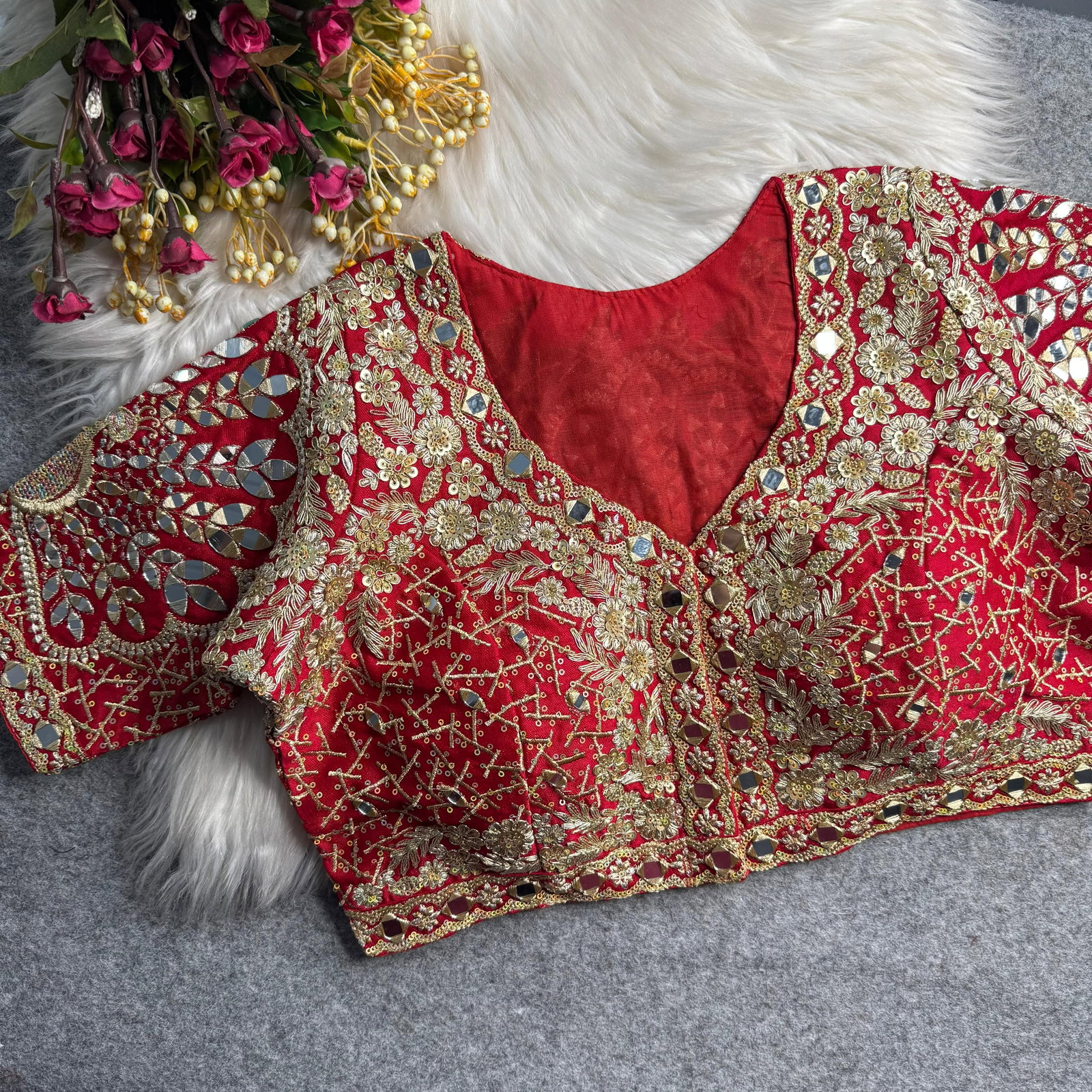 Red Heavy Zari Silk Embroidered Peacock Mirror Work Blouse