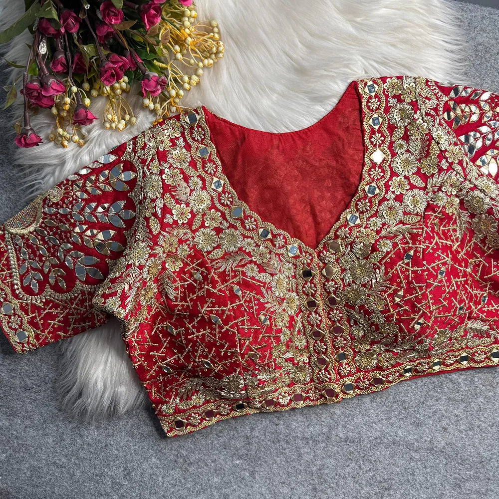Red Heavy Zari Silk Embroidered Peacock Mirror Work Blouse — view 1