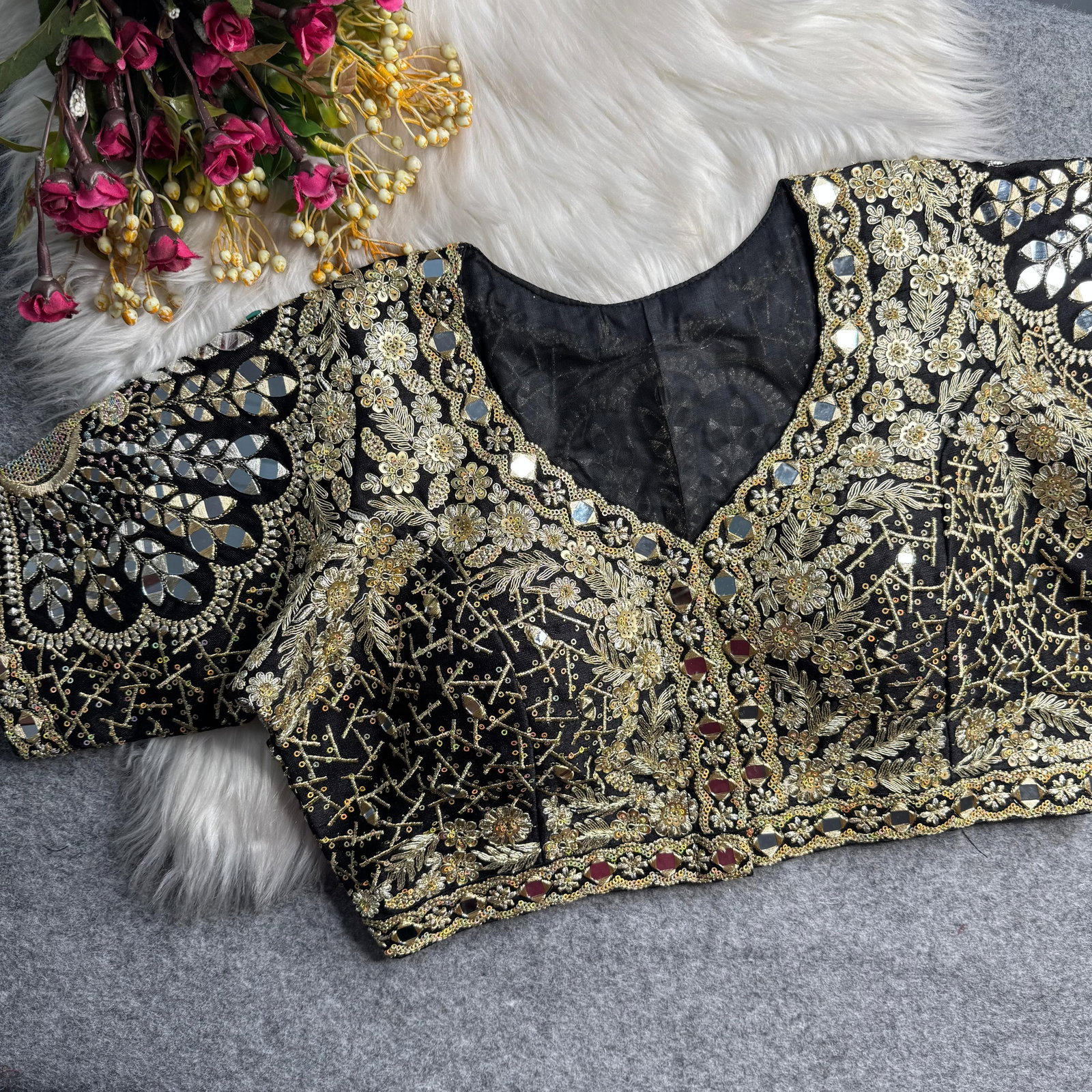 Black Heavy Zari Silk Embroidered Peacock Mirror Work Blouse