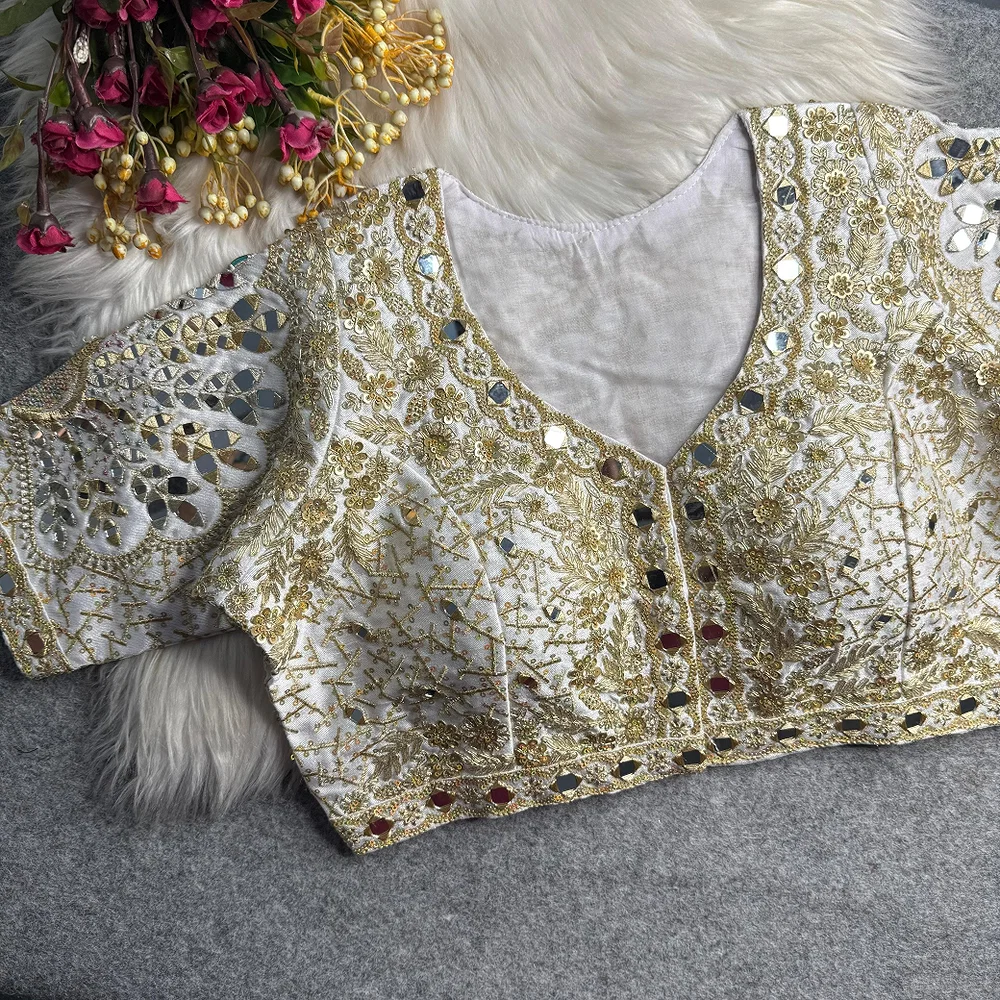 White Heavy Zari Silk Embroidered Peacock Mirror Work Blouse — view 1