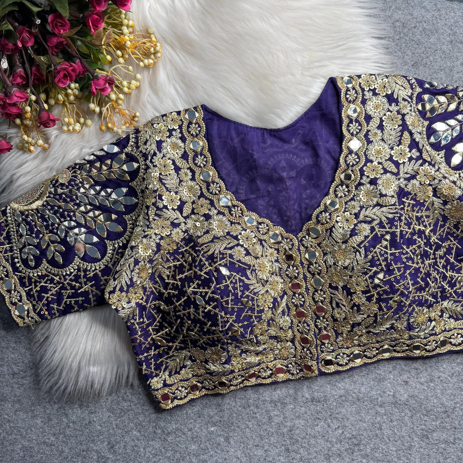 Purple Heavy Zari Silk Embroidered Peacock Mirror Work Blouse