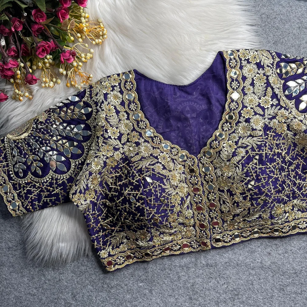 Purple Heavy Zari Silk Embroidered Peacock Mirror Work Blouse — view 1