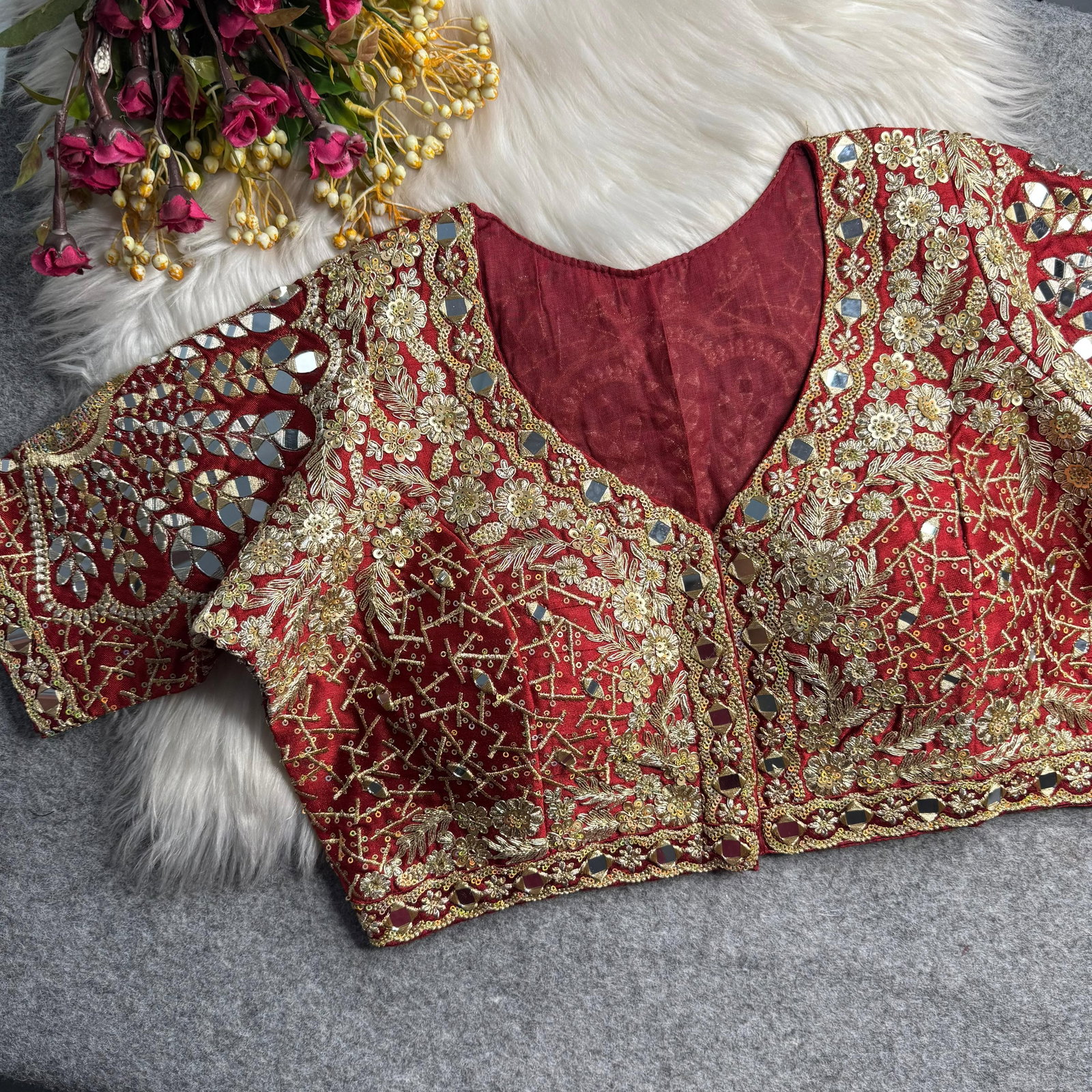 Maroon Heavy Zari Silk Embroidered Peacock Mirror Work Blouse