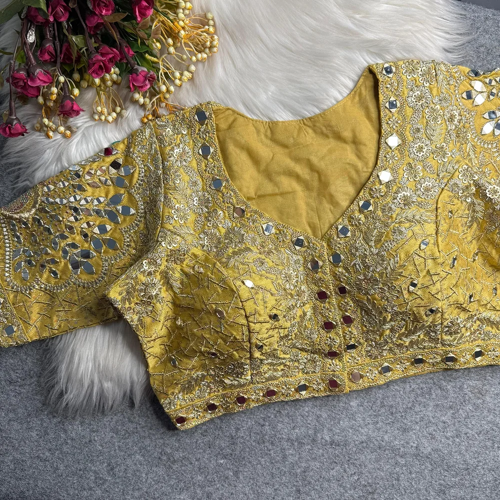 Gold Heavy Zari Silk Embroidered Peacock Mirror Work Blouse — view 1