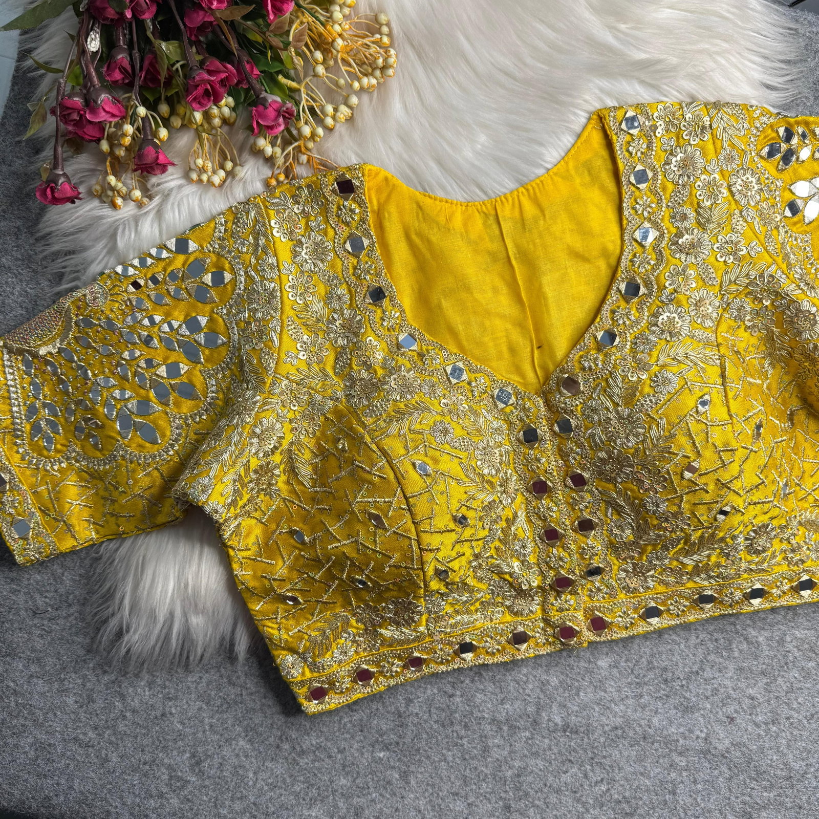 Yellow Heavy Zari Silk Embroidered Peacock Mirror Work Blouse